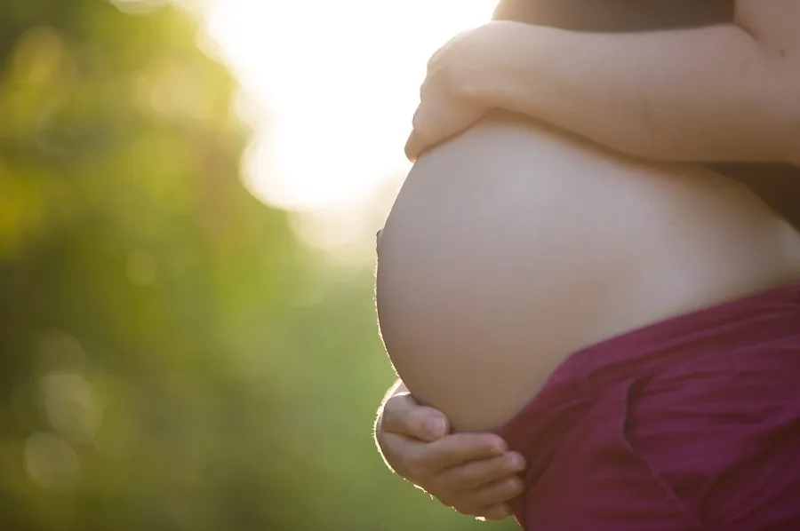 Těhotenské bříško v protisvětle při západu slunce