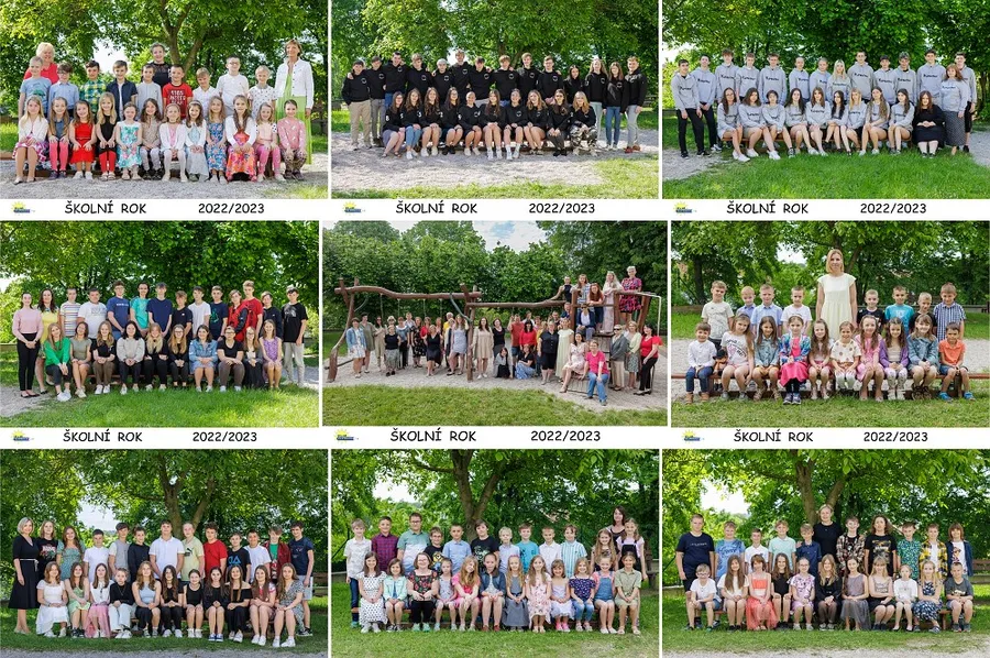 Koláž třídních a skupinových školních fotografií