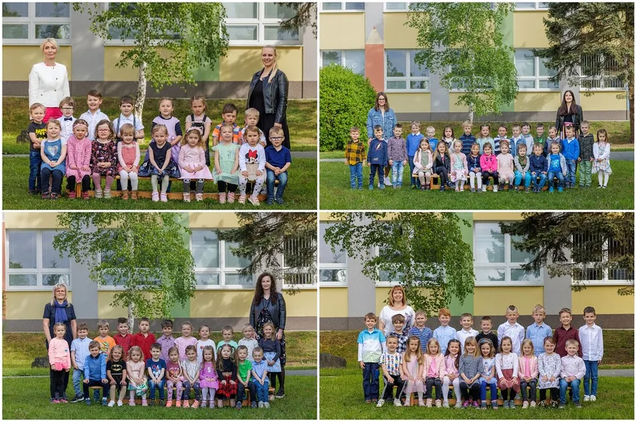 Koláž skupinových fotografií tříd před školou