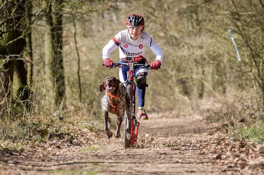 Cyklista se psem při závodě v terénu
