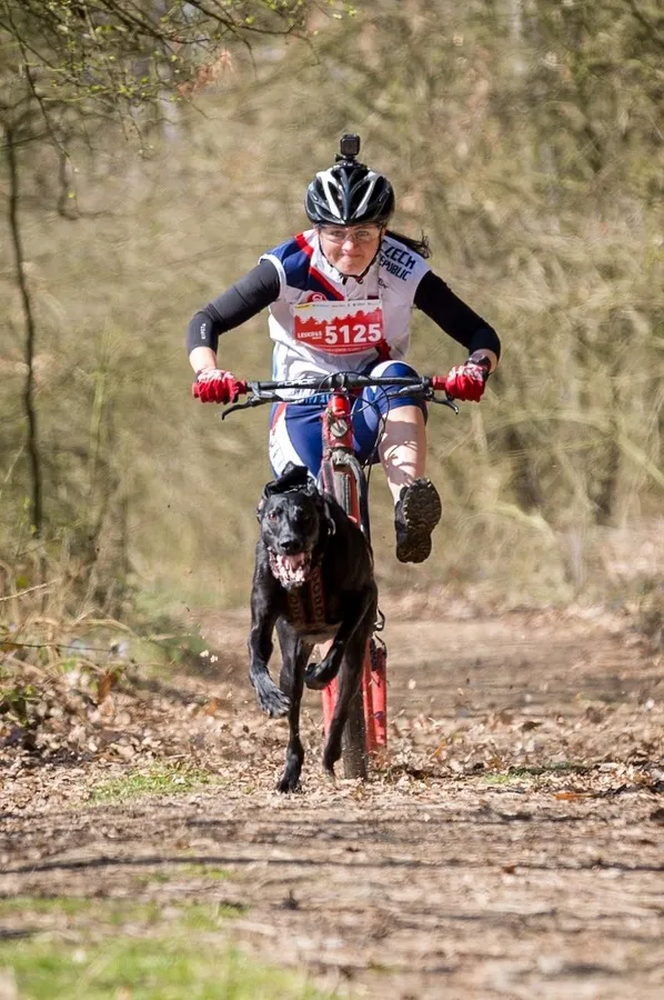 Cyklista se psem při terénním závodě